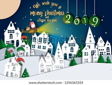 Merry Christmas and Happy New Year. Illustration of Santa Claus a plane on the sky, paper art and digital craft style, Christmas background copy space for text or messages for the New Year 2019.