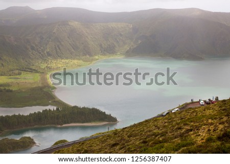 panoramic view point overlooking Lake or Lagoon of Fire, vulcanic crater lake azores