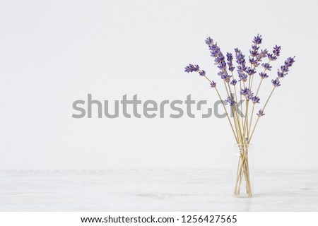 Dried purple lavender in vase on table at light gray wall. Mockup for positive idea. Empty place for inspirational, emotional, sentimental text, quote or sayings. Front view.