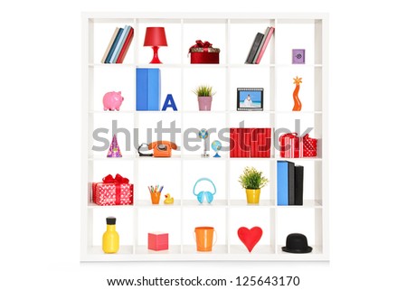 White shelves with different home objects isolated on white background
