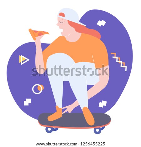 Odd character girl sits on a skateboard and eats pizza. Bright vector trend illustration.