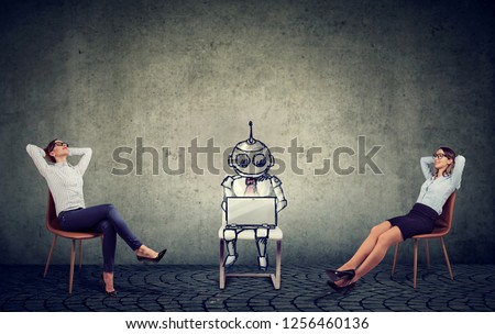 Two businesswomen relaxing enjoying artificial intelligence assistance in company management 