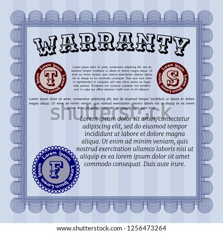 Blue Vintage Warranty Certificate template. Money style design. Printer friendly. Detailed. 