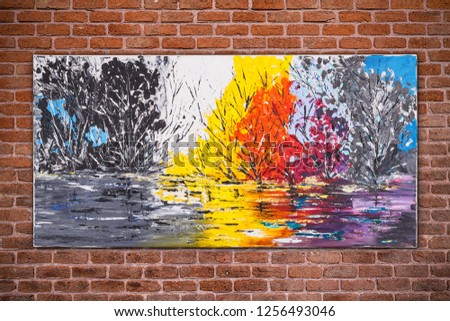 Surreal nature, colorful original oil painting by Attila Hajnal, hanging on brick wall background