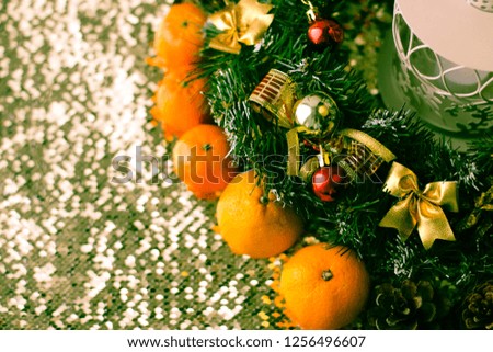 Christmas tree and decorations on wooden background. Place for copy space.