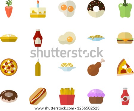 Color flat icon set ketchup flat vector, spaghetti, hamburger, hot dog, pizza, cupcake, cake, donut, pie, chicken, carrot, bell pepper, French fries, scrambled eggs, mustard