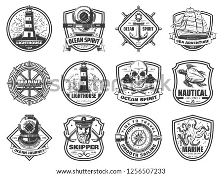 Nautical badges with sea anchor, ship and helm. Vintage sailing boat, rope and yacht, spyglass, compass and steering wheel, lighthouse, captain and octopus, pirate skull and diver helmet vector icons