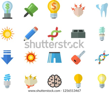 Color flat icon set brick flat vector, lamp, energy saving, idea, DNA, broken tooth, drawing pin, pencil, fector, brainstorm, brain, athletic shorts, sun, download, key