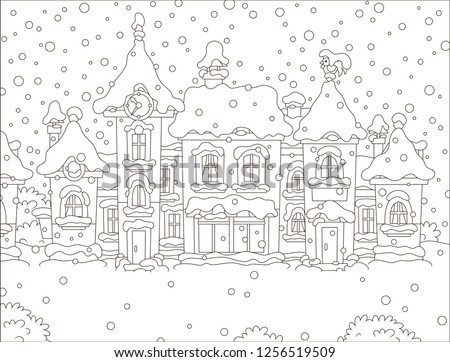 Small houses of a toy town on a snowy winter day, black and white vector illustration in a cartoon style for a coloring book