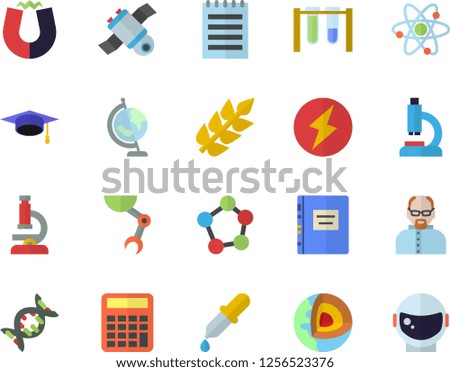 Color flat icon set pipette flat vector, microscope, molecules, atom, notepad, robot hand, satellit, globe, bachelor cap, textbook, lightning, magnet, scientist, beakers, calculator, dna, ear