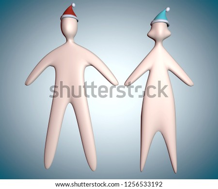 3d couple illustration in christmas santa hat full body on blue background