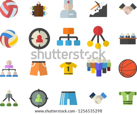 Color flat icon set mining flat vector, hierarchy, target audience, team, physician, meeting, agreement, basketball, volleyball, athletic shorts, sport T shirt