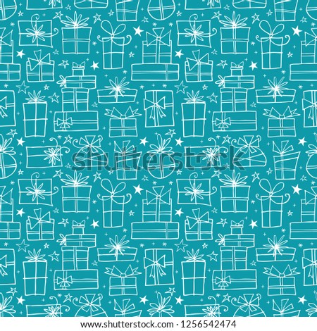Seamless pattern with white doodle gift boxes on blue background. Can be used for wallpaper, pattern fills, textile, web page background, surface textures
