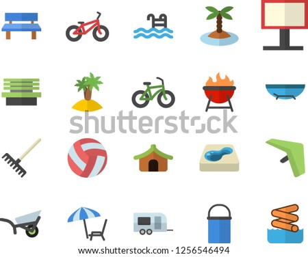Color flat icon set hiking pot flat vector, barbecue, rake, garden wheelbarrow, bench, pool, billboard, volleyball, bicycle, trailer fector, hang glider, tent, sea beach, chaise lounge, island