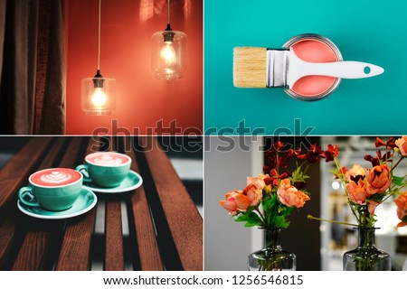 Creative collage - mood board in Coral color. Main interior design trend concept. Natural and authentic. Royalty-Free Stock Photo #1256546815