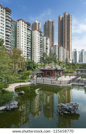 Modern buildings and Chinese Garden in Hong Kong