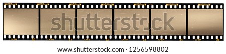 very long film strip, six empty photo frames, just blend in your work, real high-res 35mm filmstrip scan with signs of usage and scratches on white background Royalty-Free Stock Photo #1256598802