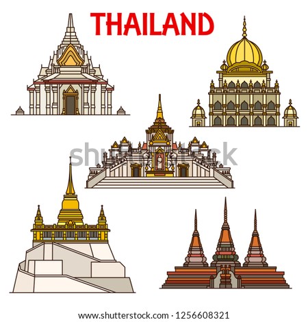 Thai travel landmarks of Bangkok buildings vector icons. Lak mueang or City Pillar Shrine, Sikh Temple, Buddhist temples Wat Pho with Reclining Buddha, Wat Saket or Golden Mount and Wat Traimit Royalty-Free Stock Photo #1256608321