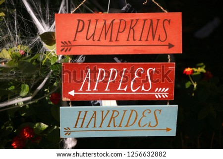 Orange Red and Blue Signs Saying Pumpkins Apples and Hayrides on Front Lawn of Townhome with Cobwebs in the Background on Halloween