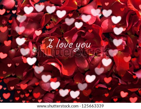 Beautiful rose red petals with heart and text I love you