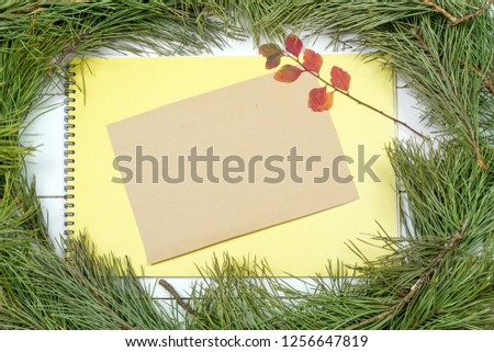 Christmas Greeting Card. Fir Branch And Decoration On Plank. Christmas Fir Tree On Wooden Background with Letter. Copy Space