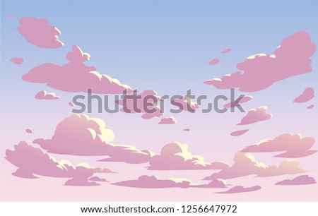 Vector pink sky clouds. Anime clean style. Background design