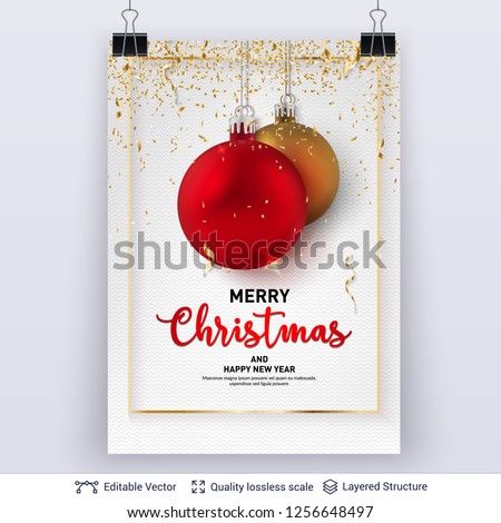 Shiny Christmas balls and text on light background. 3D glossy fir tree decorative toys. New Year holiday banner template.