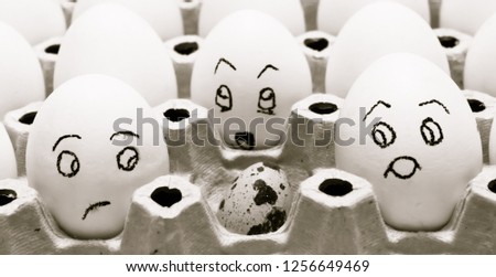 
White eggs look at a quail egg incredulously