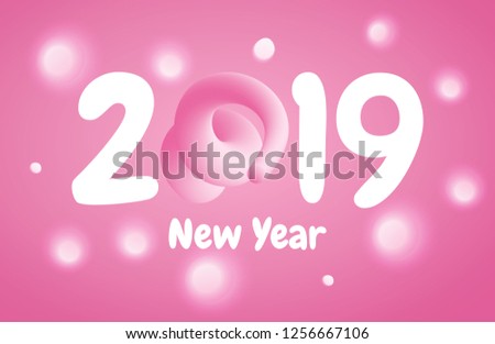 2019 Happy New Year greeting banner with Curly Pig Tail in a shape of number and shiny confetti isolated on pink background. A symbol of the Chinese 2019 year. Vector illustration EPS 10 file