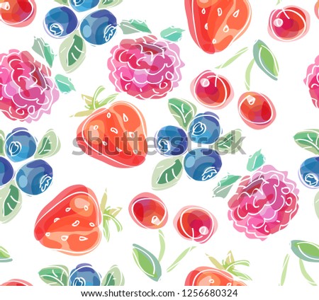 Berries print. Summer berry background. Strawberry, cherry, blueberry, raspberry pattern. Vector illustration.
