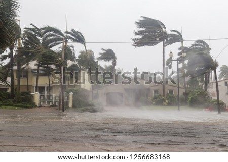 A flooded street after catastrophic Hurricane Irma hit Fort Lauderdale, FL. Royalty-Free Stock Photo #1256683168