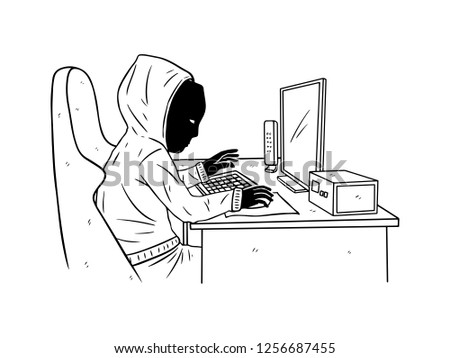 black and white line art, sketch of hackers