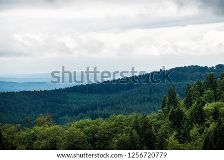 A view of the fields and forest under a cloudy sky, Germany