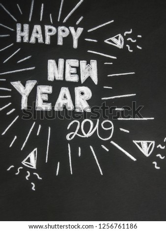 Happy New Year 2019 Drawing illustration, white lettering on a black background. Images of the holiday season with elements of letters and stripes.