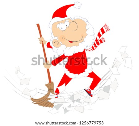 Cartoon Santa Claus tidying up illustration. Cartoon Santa Claus sweeps papers using a big broom isolated on white
