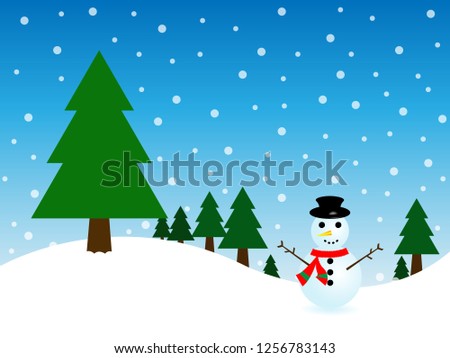 snowman and christmas tree on snow and blue background in merry christmas festival. Illustration EPS10