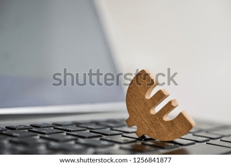 wooden euro sign lie on keyboard of laptop in perspective. financial idea, concept. empty screen background