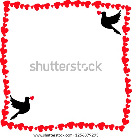 retro vintage border photo frame of hearts with loving doves couple pigeons silhouette in corners. Template with copy space for Valentines day invitation, love greeting card, wedding print