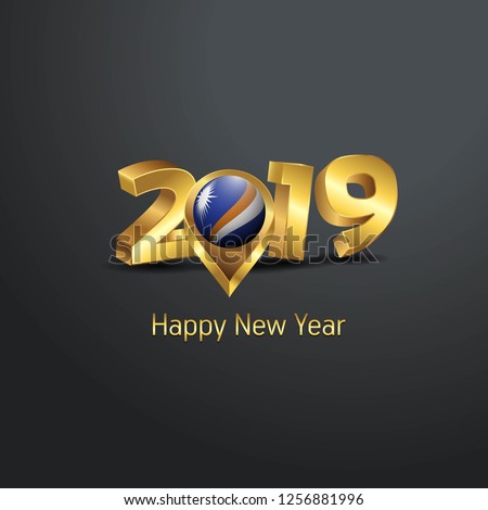 Happy New Year 2019 Golden Typography with Marshall Islands Flag Location Pin. Country Flag  Design