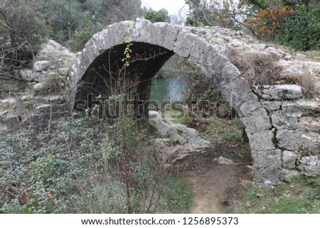 Close up lateral view of the ruin of an old stone bridge. Ancient architecture with one grey arch over a small river and green vegetation on each side. Natural picture of an historical construction.