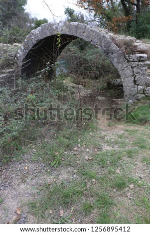 Close up lateral view of the ruin of an old stone bridge. Ancient architecture with one grey arch over a small river and green vegetation on each side. Natural picture of an historical construction.