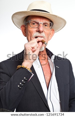 Gangster mafia man smoking cigar. Isolated on white.