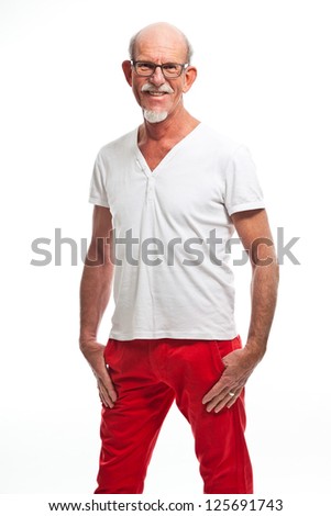 Casual dressed senior man with glasses. Isolated.