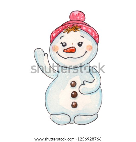 watercolor hand drawn fabulous Christmas character Snowman. Illustration for design of wedding invitations, greeting cards, postcards, children's books.
