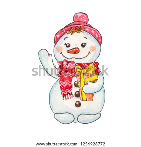 watercolor hand drawn fabulous Christmas character Snowman with present. Illustration for design of wedding invitations, greeting cards, postcards, children's books.

