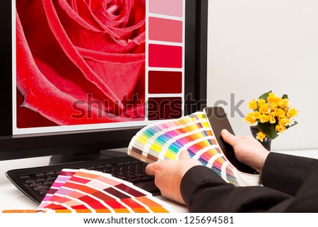 Graphic designer at work. Color samples. Red rose