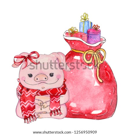 Bag of toys with Christmas elements. Watercolor hand drawn. It is perfect for Cristmas cards or wrapping paper, design, background, wallpaper, textile
