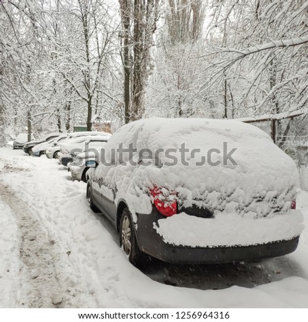vehicles covered with snow in the winter blizzard in the parking lot