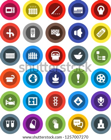 White Solid Icon Set- route vector, earth, attention, traffic light, sea container, calendar, flammable, barcode, film spool, speaker, microphone, touchscreen, dialog, vial, scalpel, mortar, bandage