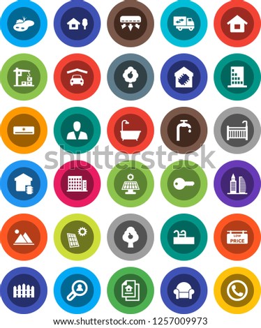 White Solid Icon Set- house vector, chalet, pond, pool, solar panel, water supply, fruit tree, mountain, garage, fence, estate document, low price signboard, apartments, office building, consumer